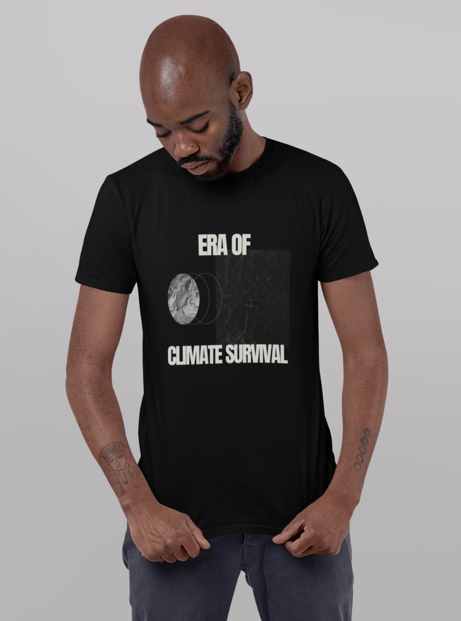 Person wearing the black Climate Survival t-shirt, which says "ERA OF CLIMATE SURVIVAL" with some semi-abstract imagery on the front.
